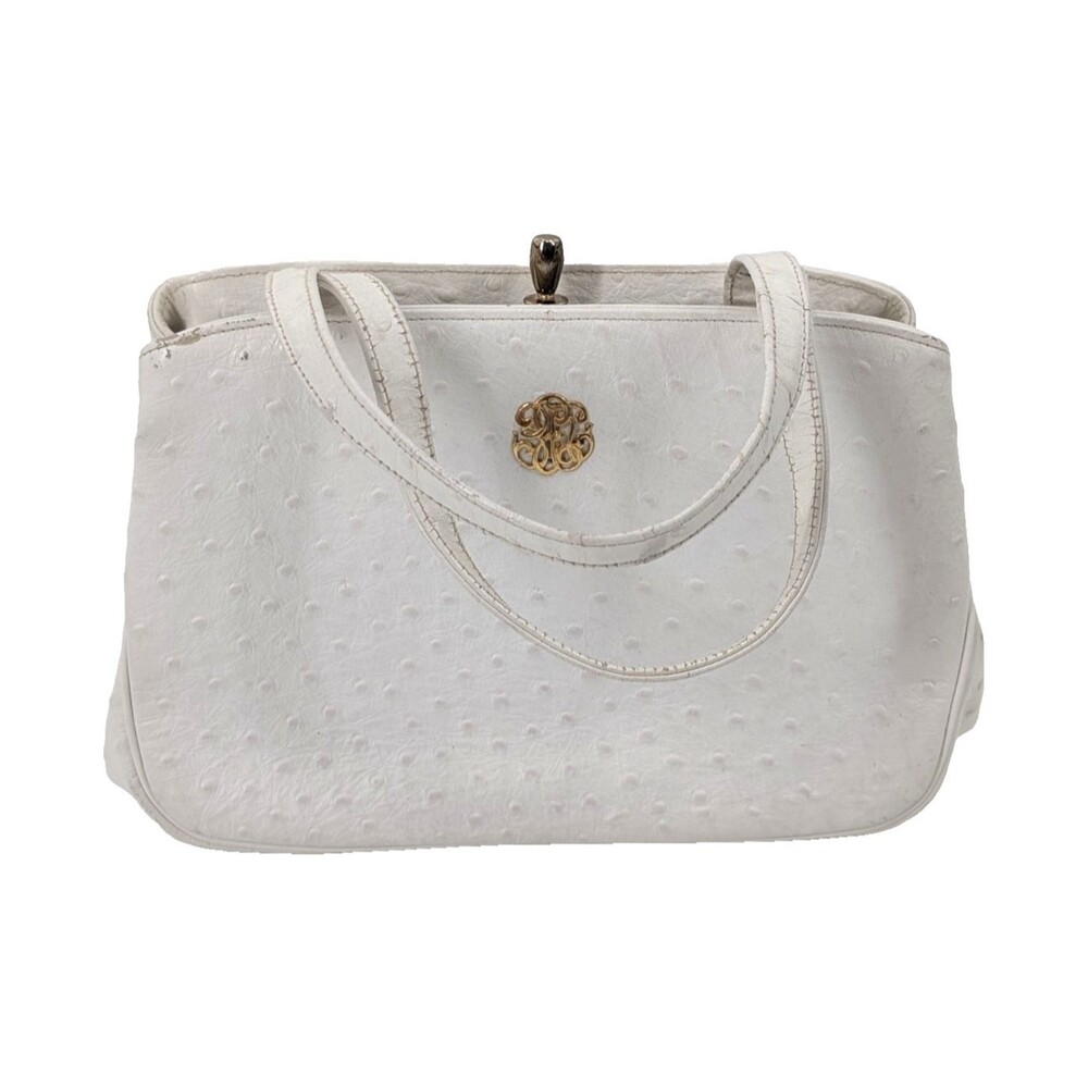 Etra Ivory Ostrich Leather Vintage Kiss Lock Hand Bag Small Satchel